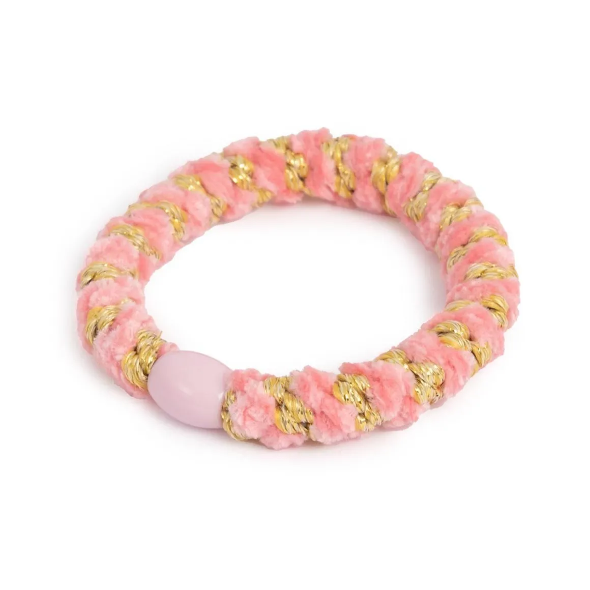 Hårstrikk korall/gull m/rosa perle