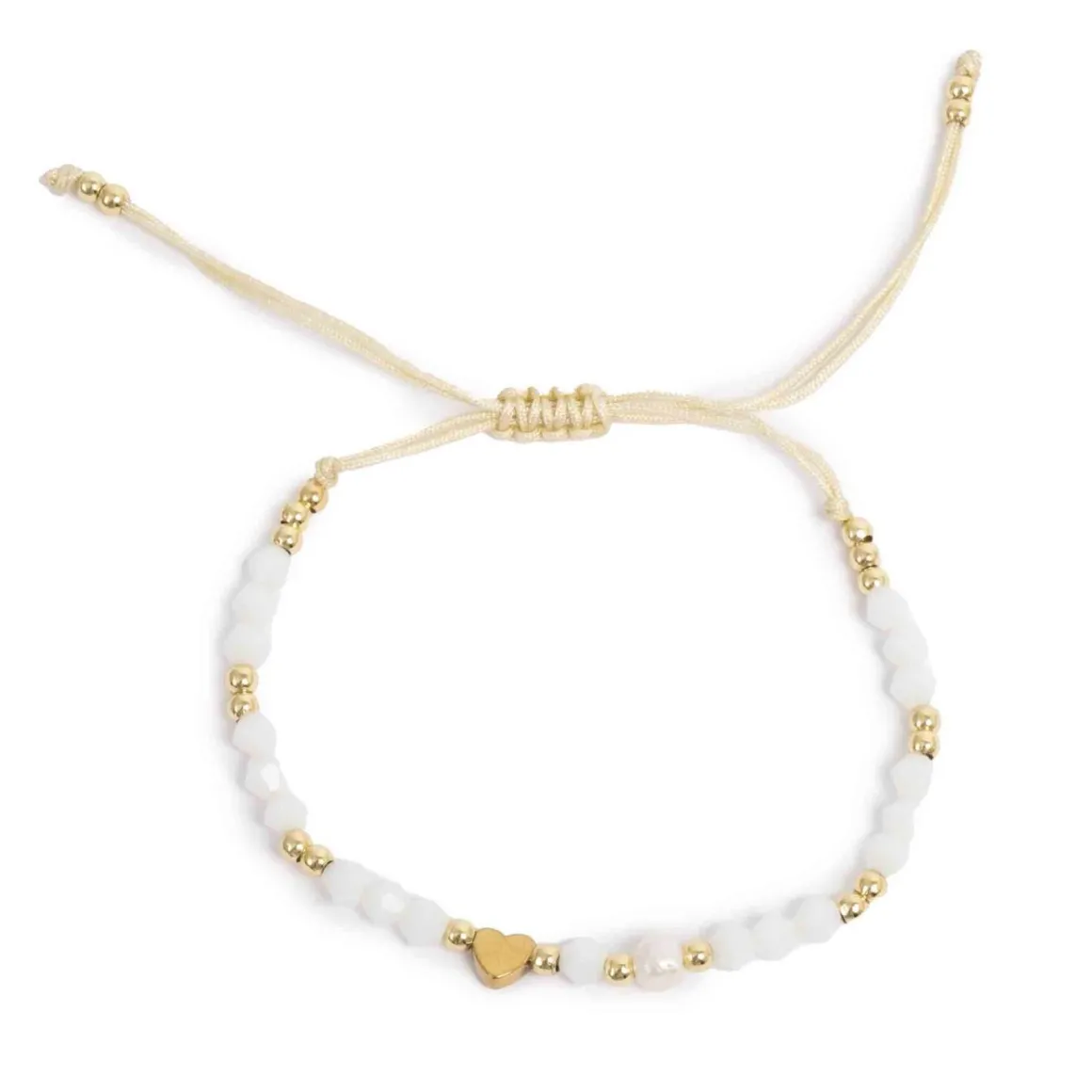 Knytearmbånd, hvite beads med hjerte