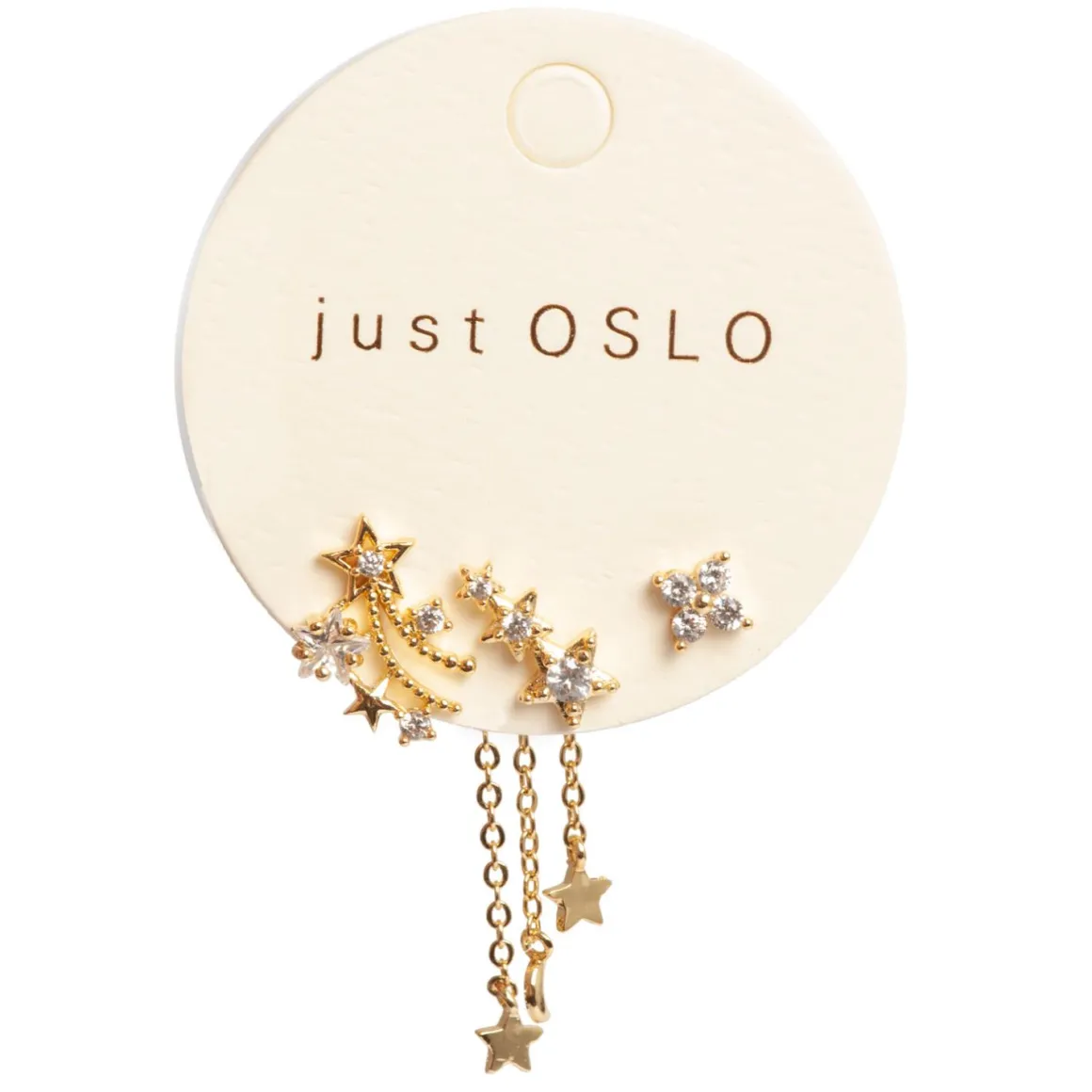 Sett med 3 ulike øredobber, stjernedryss, Gull